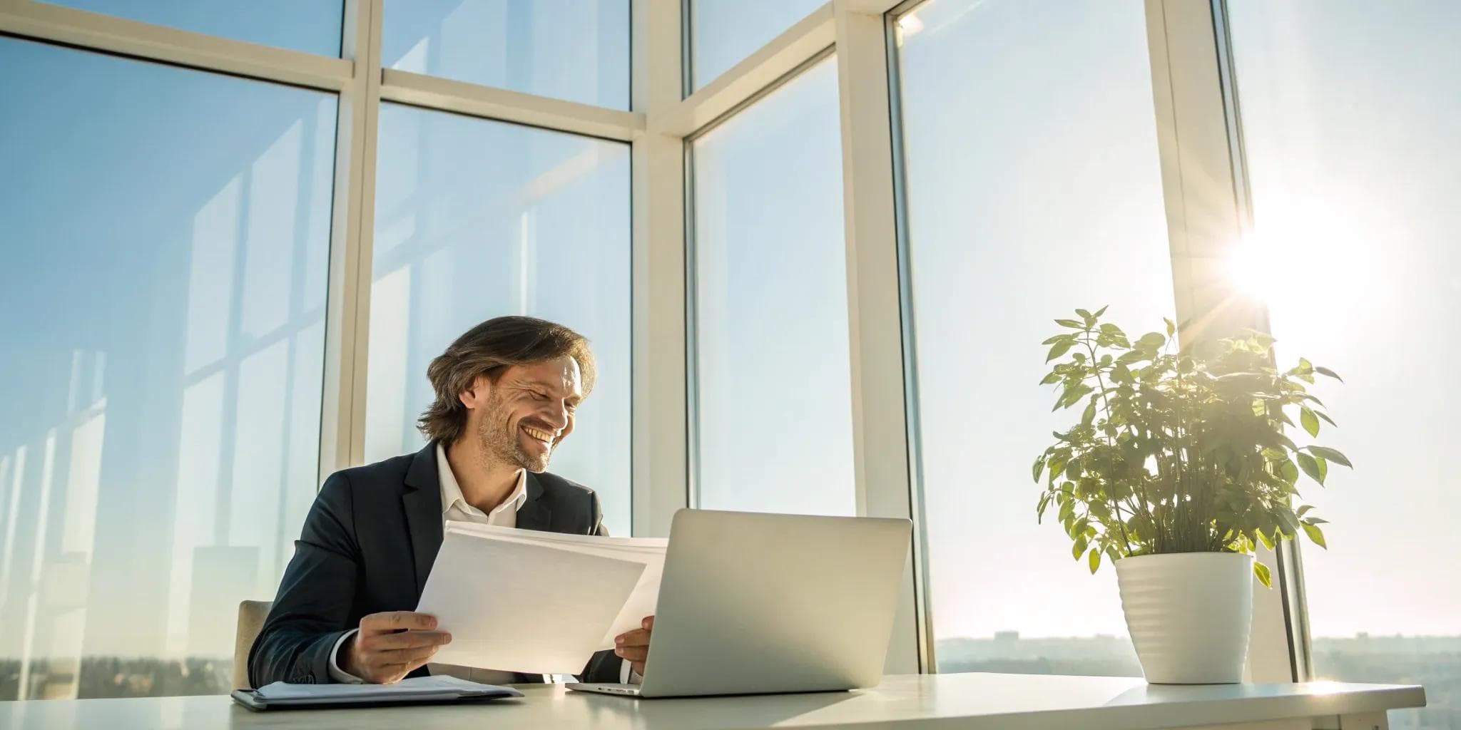 Smiling man reviews documents for an easy approval startup business loan on his laptop.