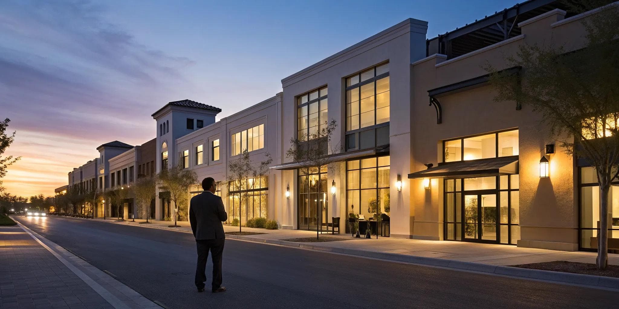 Business professional considering commercial property financing options for a modern building.