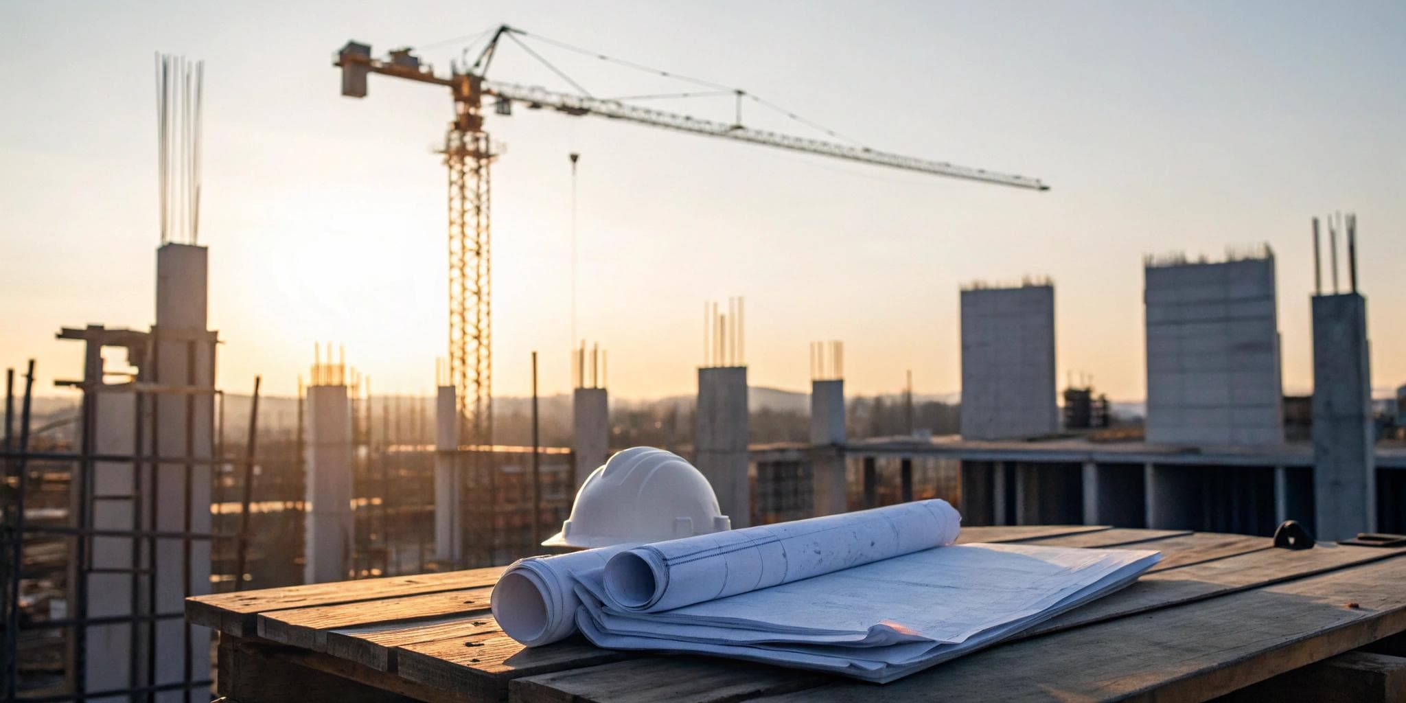 Hard hat and blueprints on a construction site, a project dependent on construction loan rates.